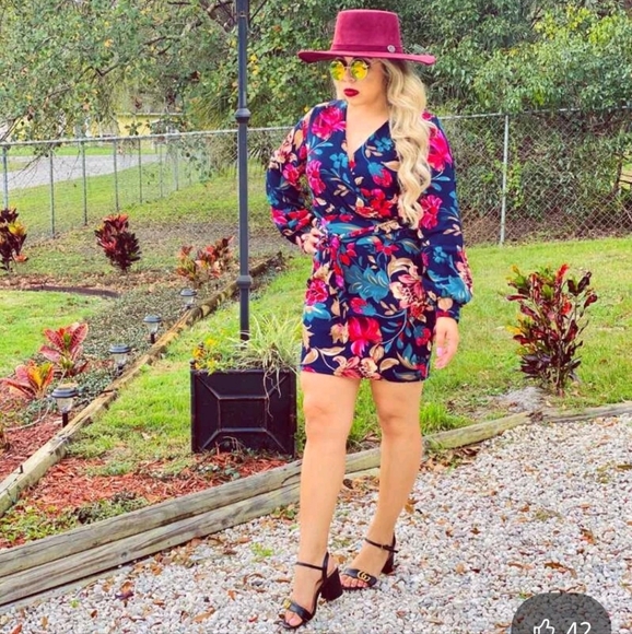 SHEIN Dresses & Skirts - Floral Print, Self-Tie Sash, Mini Dress, Small, Navy